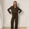 Pijama para mujer estilo perezoso, color liso, manga larga, pantalón largo, cárdigan con solapa y bolsillos, conjunto de dos piezas suelto y simple, ropa de estar por casa