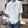 Camisa de Verano Estilo Japonés Holgada con Cuello Cubano, Manga Corta, Diseño Calado, Estilo Cityboy, Ropa de Trabajo, Camisa Casual Artística de Nicho para Hombre