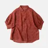 Camisa de Algodão e Linho de Manga Curta com Processo de Estampa em Silk Screen, Top Solto Leve e Transparente Verão 2025
