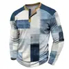 Camiseta de Manga Larga a Cuadros Retro para Hombre Top Gráfico a Cuadros Camiseta de Manga Larga Impresa en 3D Talla Grande Camisa Henley Superior para Hombre