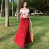 Precioso y Atractivo Conjunto de Dos Piezas para Mujer: Top con un Hombro y Volantes y Falda Larga Roja, Atuendo Estilo Vacaciones de Verano
