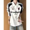 Camiseta polo de manga larga para hombre estilo jersey retro americano, camiseta de otoño con estampado de letras y patchwork, sudadera de bloque de color con hombros normales