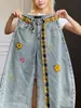 Calça Jeans Masculina Wide-Leg Comprida Estilo Retrô Americano, Estampada Floral Xadrez Aveludada, Lavagem Azul Claro, Caimento Fluido