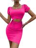 2023 Transfronterizo Europa y América Amazon Comercio Exterior Vestido Azul Vestido Corto Ajustado de Vaina de Manga Corta para Mujer