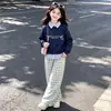 Estilo académico perezoso artístico otoño temprano nuevo sudadera con capucha de retazos a rayas solapa conjunto de pantalones casuales versátil estilo coreano para niñas