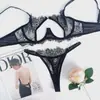 Conjunto europeo y americano de lencería sexy de encaje transparente para mujer, conjunto sexy de dos piezas con sujetador y bragas con anillo metálico hueco de alta gama