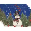 Jogos americanos de Natal mais vendidos da Temu, tapetes isolantes térmicos de linho com tema de boneco de neve de inverno, toalhas de mesa de linho com estampa de floco de neve