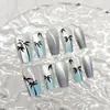 10 Peças de Adesivos de Unha em Gradiente Azul Codificados, Unhas Manicure de Coqueiro na Ilha, Unhas Usáveis Olho de Gato Feitas à Mão