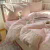 Conjunto de Roupa de Cama de Quatro Peças Estilo Renda Francesa 100% Algodão Classe A Estilo Coreano Capa de Edredom de Algodão Puro Lençol de Cima Lençol com Elástico Dormitório Três Peças