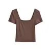 Camiseta Reversible Estilo Puro Deseo con Cuello en U Corto y Mangas Cortas para Mujer, Revela la Clavícula, Corte Ajustado, Elegante Top de Punto Cuadrado Corto, Camiseta Básica