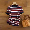 Top de punto de algodón puro con bloques de color y rayas azules de manga corta para mujer, nuevo estilo de verano, camiseta holgada con cuello redondo, camiseta básica