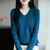 Camiseta base de punto acanalado con cuello en V transfronteriza para mujer, nuevo suéter básico pullover liso simple de manga larga