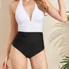 Traje de baño tipo tankini de una pieza con cuello halter y bloques de color estilo europeo y americano, cuello en V, que oculta el abdomen y estiliza la cintura, conservador, para efecto adelgazante, adecuado para playa, aguas termales y trajes de baño de vacaciones