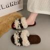 Pantuflas de Piel Casual con Bloques de Color para Mujer Otoño e Invierno 2025 Calzado de Exterior Nuevas Pantuflas de Piel con Suela Plana y Lazo de Perlas de Una Sola Tira