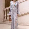 En stock: Vestido Largo Ligero Estilo Francés con Estampado Floral, Cuello en V, Cintura Fruncida, Mangas de Farol y Mangas Largas Fluidas