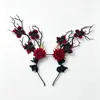 Tiara de Halloween com galhos secos e flores, acessório de cabelo de caveira escura e rosa preta, adorno de cabeça para sessão de fotos de noiva bruxa fantasma