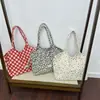 Nova bolsa de ombro casual versátil, bolsa tote de lona com cordão xadrez, bolsa de lona com cordão ajustável, bolsa de grande capacidade para o dia a dia