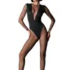 Verano Transfronterizo Nuevo Estilo Europeo y Americano Malla Empalmada Sexy Chica Caliente Color Sólido Ropa de Yoga Manga Larga Ajustado Mono Venta al Por Mayor