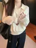 [Fio lavado com núcleo] Suéter de tricô estilo coreano com gola polo, caimento solto, para mulheres, outono/inverno, peça básica casual, caimento solto