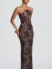 Vestido strapless de encaje con corsé de ballenas verticales, amarre en la espalda, abertura, falda larga ajustada, vestido de noche strapless sexy
