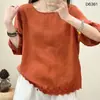 2026 Nuevo Verano Algodón Lino Pulóver Retro Manga Corta Camiseta Casual Talla Grande Algodón Lino Top Holgado Camisa Pequeña Artística
