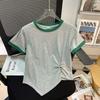 Camiseta Gris de Manga Corta con Hombro Derecho para Mujer Verano 2025 Nuevo Estilo Asimétrica de Color Contrastante Top Corto de Media Manga para Personas Pequeñas