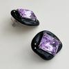 Pendientes de botón de latón con aguja de plata, con pedrería grande morada de moda y esmalte negro goteando de forma irregular