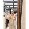 Mx 100 Renda de Rami Costurada Camisola Externa com Cordão Estilo Francês Gentil Top Bege para Mulheres