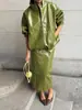 Moda de Calle Transfronteriza Estilo Fresco Silueta Brillante Cremallera Chaqueta de Piel Sintética Falda Recta de Cintura Alta Conjunto Atuendo de Verano para Mujer