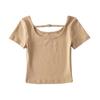 Camiseta básica de manga corta con botones de diamante de amor para mujer europea y americana, nueva camiseta de color sólido con cuello redondo profundo para mujer de moda