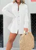 2026 Estilo Europeu Novo Transfronteiriço Amazon Moda Tecido Amassado Shorts de Cintura Alta Camisa Casual de Manga Longa Conjunto de Duas Peças Roupas Femininas