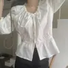 Camisa de encaje de manga larga con cordones de un solo botón, elegante, de estilo lady, de alta gama para otoño, para mujer, de Dongdaemun, Corea