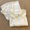 Pijama Simples de Bolinhas para Mulheres Primavera e Outono Gola Boneca Conjunto de Calça de Manga Longa Roupas de Casa para Dormitório Estudantil