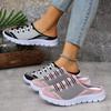 2025 Verano Nuevas Pantuflas Planas Comercio Exterior Europeo y Americano Talla Grande Punta Redonda Bloque de Color Tejido de Punto Volador Slip-On Media Pantufla para Mujer