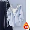 Estilo Diário Outono e Inverno Estilo Coreano Estilo College Moda Retrô Patchwork Xadrez Jaqueta com Capuz Calças de Cintura Larga Conjunto de Duas Peças