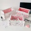 Cesta de armazenamento de mesa com acabamento em renda, estampada com flores e morangos, cesta organizadora dobrável para itens diversos, caixa de armazenamento de cosméticos para meninas