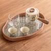 Juego de té con asa lateral de espárragos verdes pintados a mano, bandeja para una tetera, dos tazas, portátil, para exteriores, juego de té de viaje