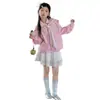 Conjunto de Dos Piezas Nuevo para Niñas de Primavera y Otoño: Camisa a Rayas con Chal Falso y Camisa Adelgazante que Cubre el Vientre con Falda de Pastel para Niños Mayores