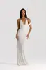 Vestido largo de cuello halter con escote en V profundo, fruncido en un lado, sin espalda, ajustado, bodycon, hasta el suelo, para fiesta de noche