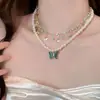 Cool Mar y Mariposa Europeo y Americano~ Collar de Perlas de Mariposa Verde de Doble Capa para Mujer 2026 Nuevo Estilo Cadena para Clavícula con Borla en Capas