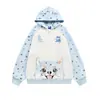 Estampado integral de estrellas, bolsillo de caricatura, diseño lindo de orejas, sudadera con capucha, estilo hip-hop para hombre, chaqueta de doble cremallera, adecuada para primavera y otoño