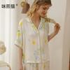 Desabotoando Pijama Feminino Adulto de Manga Longa com Lapela Primavera e Verão Algodão Cetim Girassol Shorts de Manga Curta T