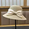 Sombrero de Paja Estilo Nuevo para Primavera y Verano, Sombrero de Paja con Lazo Estilo Hepburn, Sombrero de Playa, Sombrero de Pescador Francés Retro de Ala Ancha, Plegable y Moderno