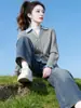 Elegante chaqueta suéter gris de imitación de dos piezas para mujer, nuevo modelo de otoño con cuello POLO, cárdigan de punto patchwork A13997