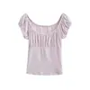 Camiseta de Verão Estilosa Versátil com Design 'Hot Girl Sweetheart' Gola Quadrada Plissada Manga Curta Slim Fit Top Curto para Usar por Baixo para Mulheres