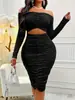 3495 Modelos Explosivos Europeus e Americanos Transfronteiriços Moda Sexy Cor Pura Uma-ombro Manga Longa Recortado Vestido para Mulheres
