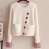 Suéter Branco Feminino 2025 Outono e Inverno Novo Estilo Cardigã Tricotado Elegante de Alta Qualidade Jaqueta Top com Gola Redonda Estilo Coreano