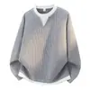 Sudadera de punto de talla grande para hombre, de moda, efecto dos piezas, cuello en V, manga larga, nuevo estilo retro americano de otoño e invierno, corte holgado