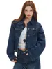 YECHUAN # Chaqueta de mezclilla azul oscuro estilo americano para mujer, corte ajustado, con cuello de solapa, estilo casual, top corto versátil