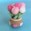 Planta em Vaso de Tulipa, Girassol, Crisântemo de Cabeça Dupla Crochetada com Fio, Enfeite de Mesa de Flor Artificial Crocheted, Presente Criativo